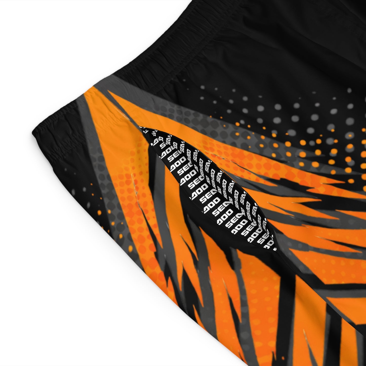 SeaDoo GTX Men's Grey & Orange Racing Board Shorts — Athletic Swim Trunks