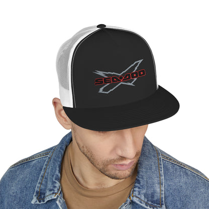 SeaDoo X-Team Performance Embroidered Trucker Cap — Mesh 5-Panel Hat Red Outline