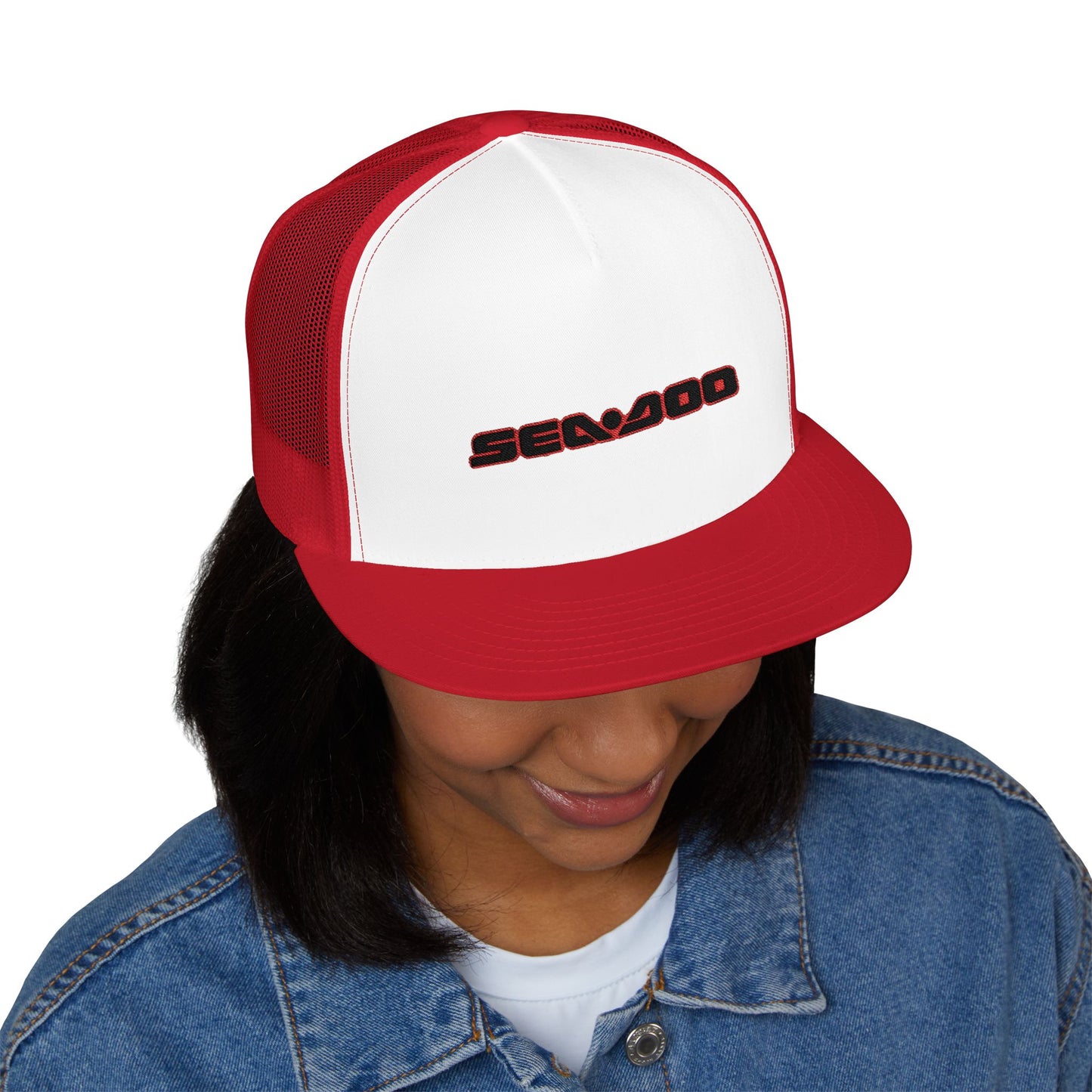 SeaDoo Performance Embroidered Trucker Cap — Mesh 5-Panel Hat Red Outline