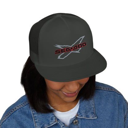SeaDoo X-Team Performance Embroidered Trucker Cap — Mesh 5-Panel Hat Red Outline