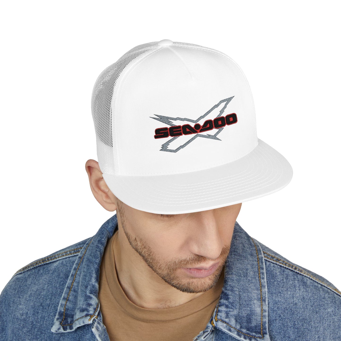 SeaDoo X-Team Performance Embroidered Trucker Cap — Mesh 5-Panel Hat Red Outline