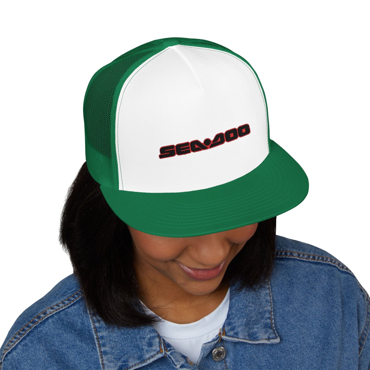 SeaDoo Performance Embroidered Trucker Cap — Mesh 5-Panel Hat Red Outline