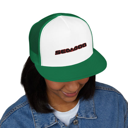 SeaDoo Performance Embroidered Trucker Cap — Mesh 5-Panel Hat Red Outline