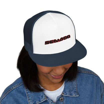 SeaDoo Performance Embroidered Trucker Cap — Mesh 5-Panel Hat Red Outline