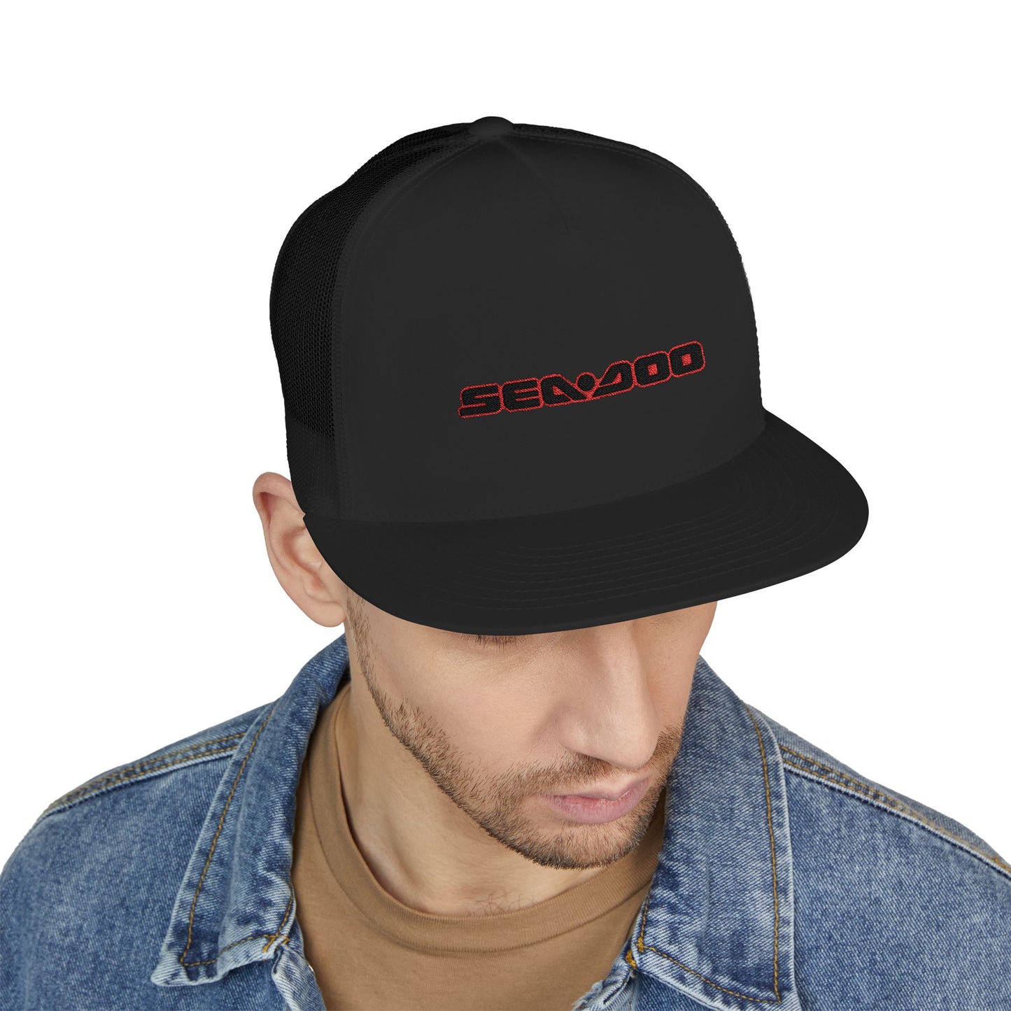 SeaDoo Performance Embroidered Trucker Cap — Mesh 5-Panel Hat Red Outline