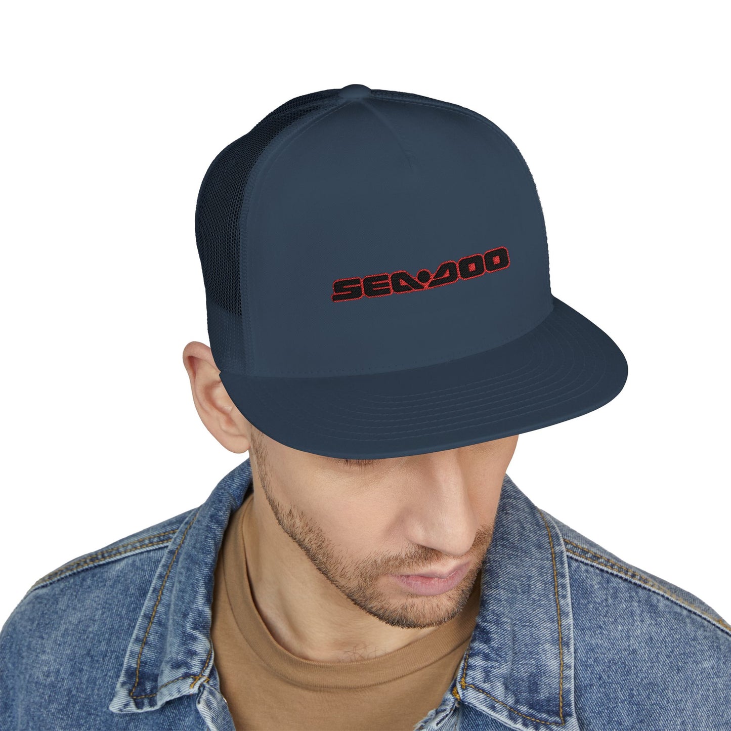 SeaDoo Performance Embroidered Trucker Cap — Mesh 5-Panel Hat Red Outline