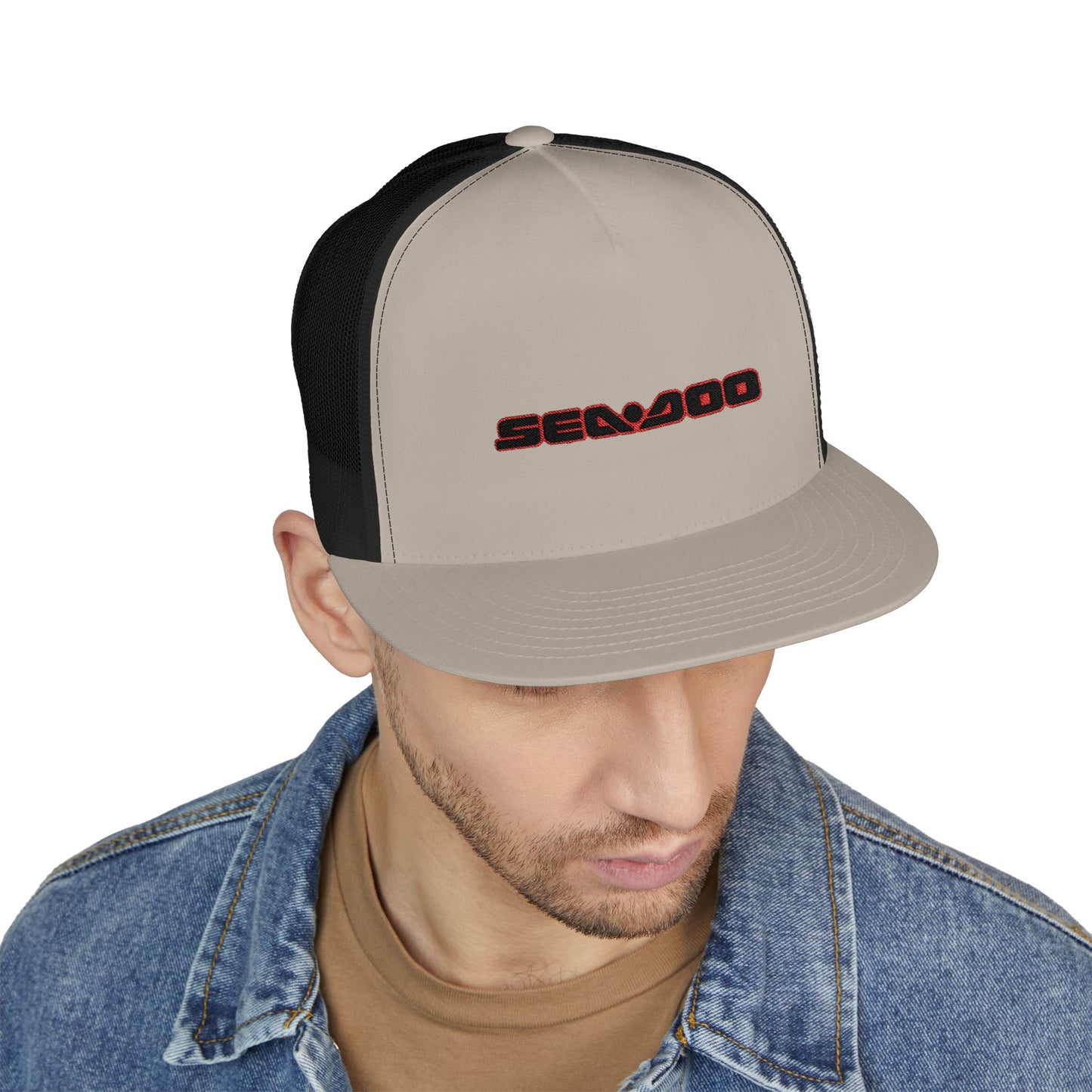 SeaDoo Performance Embroidered Trucker Cap — Mesh 5-Panel Hat Red Outline
