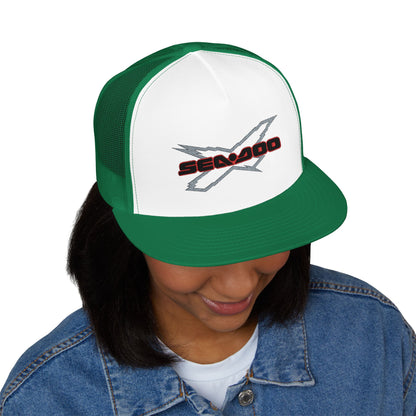 SeaDoo X-Team Performance Embroidered Trucker Cap — Mesh 5-Panel Hat Red Outline