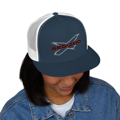 SeaDoo X-Team Performance Embroidered Trucker Cap — Mesh 5-Panel Hat Red Outline