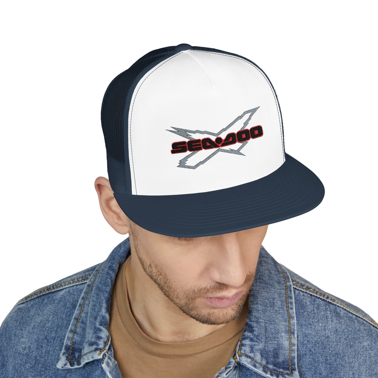 SeaDoo X-Team Performance Embroidered Trucker Cap — Mesh 5-Panel Hat Red Outline