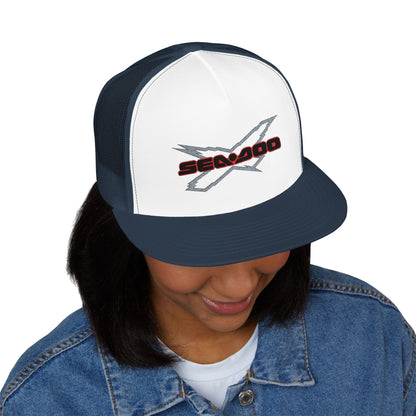 SeaDoo X-Team Performance Embroidered Trucker Cap — Mesh 5-Panel Hat Red Outline