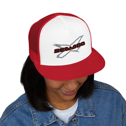 SeaDoo X-Team Performance Embroidered Trucker Cap — Mesh 5-Panel Hat Red Outline