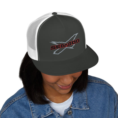 SeaDoo X-Team Performance Embroidered Trucker Cap — Mesh 5-Panel Hat Red Outline