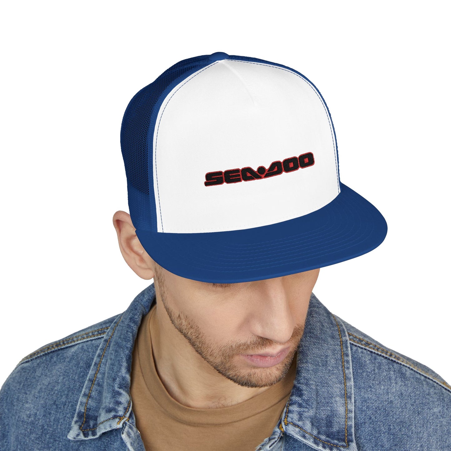SeaDoo Performance Embroidered Trucker Cap — Mesh 5-Panel Hat Red Outline