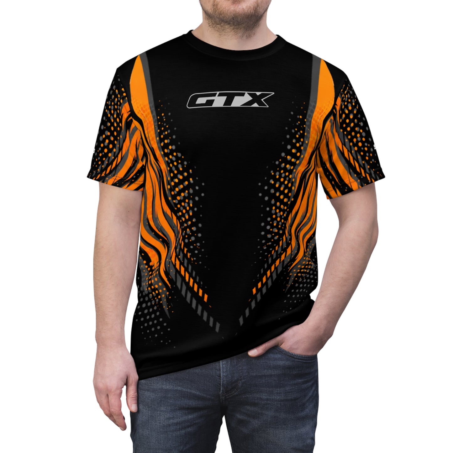SeaDoo GTX X-Team Cyber Racing Dri Fit Tee — Grey & Orange All-Over Print