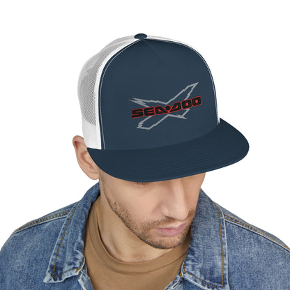 SeaDoo X-Team Performance Embroidered Trucker Cap — Mesh 5-Panel Hat Red Outline