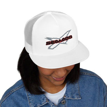 SeaDoo X-Team Performance Embroidered Trucker Cap — Mesh 5-Panel Hat Red Outline