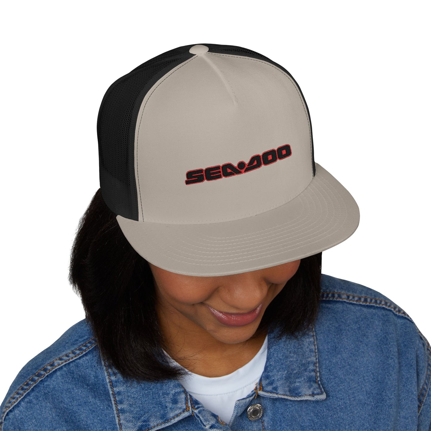 SeaDoo Performance Embroidered Trucker Cap — Mesh 5-Panel Hat Red Outline