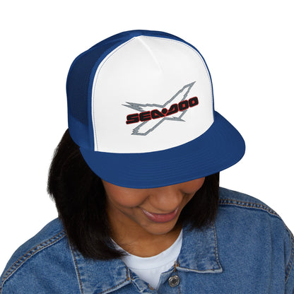 SeaDoo X-Team Performance Embroidered Trucker Cap — Mesh 5-Panel Hat Red Outline