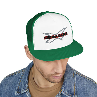 SeaDoo X-Team Performance Embroidered Trucker Cap — Mesh 5-Panel Hat Red Outline