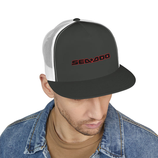 SeaDoo Performance Embroidered Trucker Cap — Mesh 5-Panel Hat Red Outline