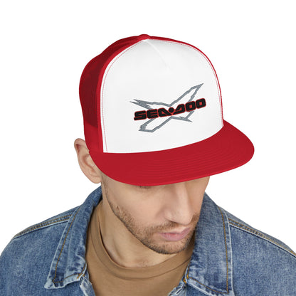 SeaDoo X-Team Performance Embroidered Trucker Cap — Mesh 5-Panel Hat Red Outline